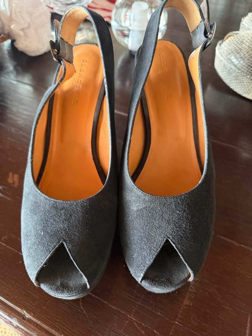 Robert Clergerie Black Suede Peep-Toe Slingback Heels